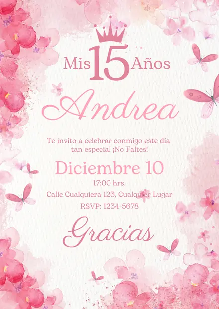 Invitación de 15 años en imagen, diseño Acuarela rosa floral, estilo romántico