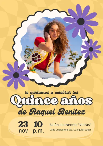 Invitación de 15 años en imagen, diseño Amarillo retro con flores, estilo divertido