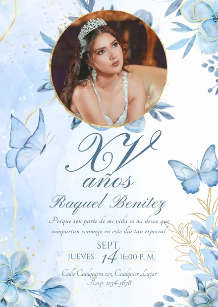 Invitación de 15 años en imagen, diseño Mariposas azul y dorado, estilo floral elegante
