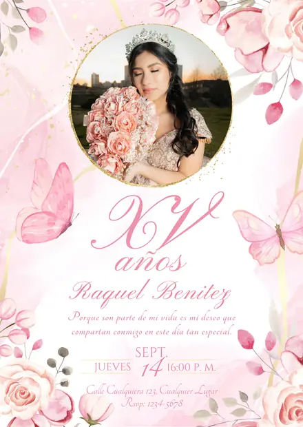 Invitación de 15 años en imagen, diseño Mariposas rosa y dorado, estilo floral elegante