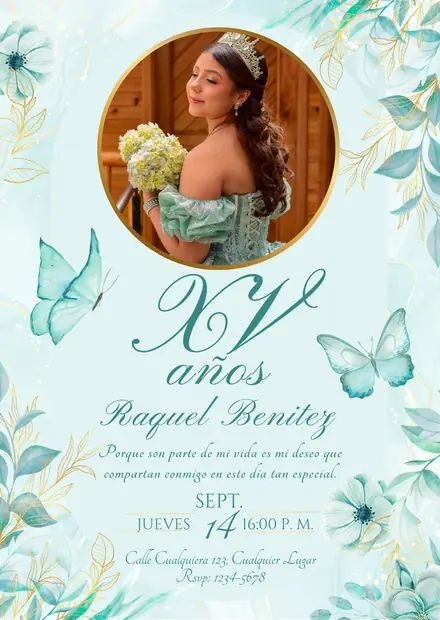 Invitación de 15 años en imagen, diseño Mariposas turquesa y dorado, estilo floral elegante