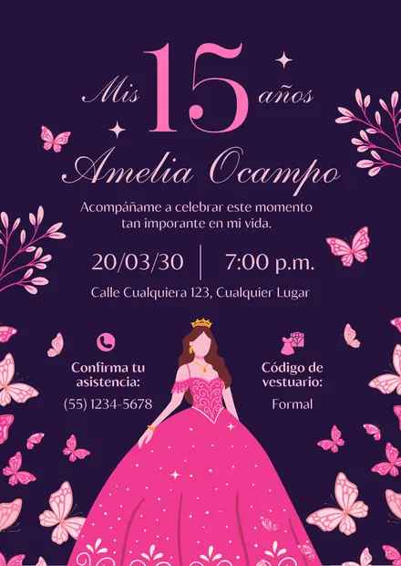 Invitación de 15 años en imagen, diseño Morado y fucsia ilustrado, estilo princesa