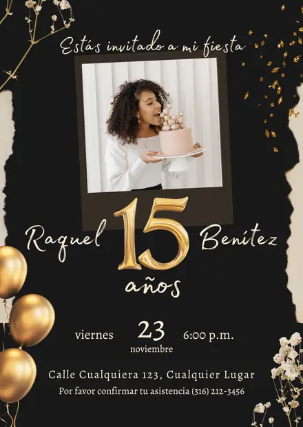 Invitación de 15 años en imagen, diseño Negro y dorado, estilo glam