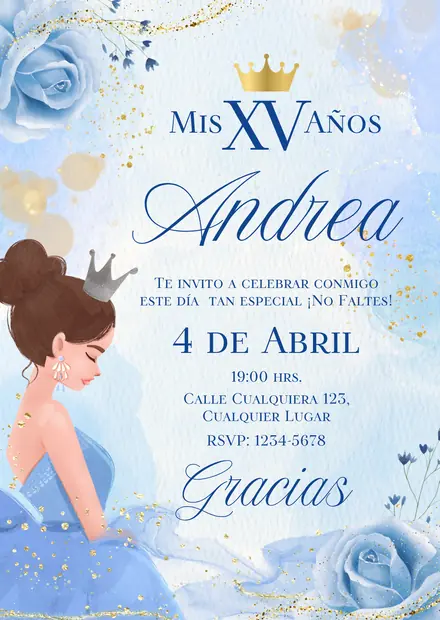 Invitación de 15 años en imagen, diseño Princesa azul en acuarela, estilo princesa