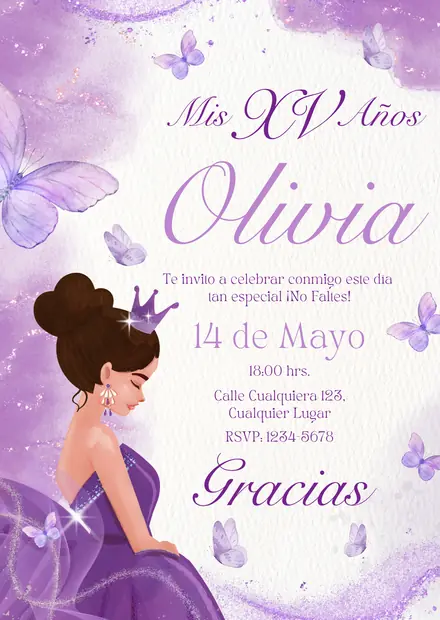 Invitación de 15 años en imagen, diseño Princesa morada con mariposas, estilo princesa