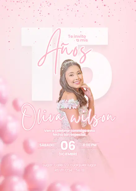 Invitación de 15 años en imagen, diseño Rosa moderno con globos, estilo moderno