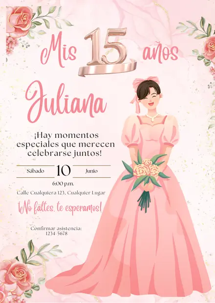 Invitación de 15 años en imagen, diseño Vestido rosa en acuarela, estilo princesa