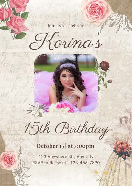 Invitación de 15 años en imagen, diseño Vintage beige, estilo vintage