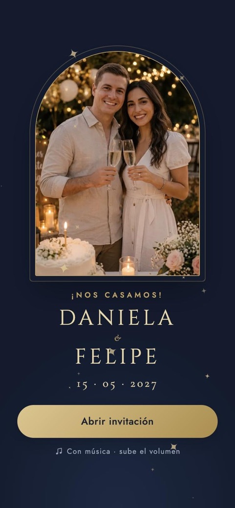 Portada de la invitación de matrimonio Noche dorada