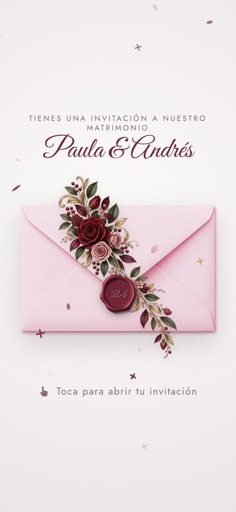 Portada de la invitación de matrimonio Rosas vino