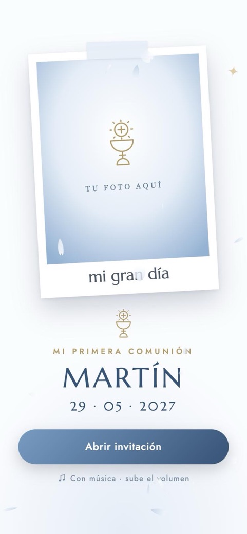 Portada de la invitación de Primera Comunión Celeste